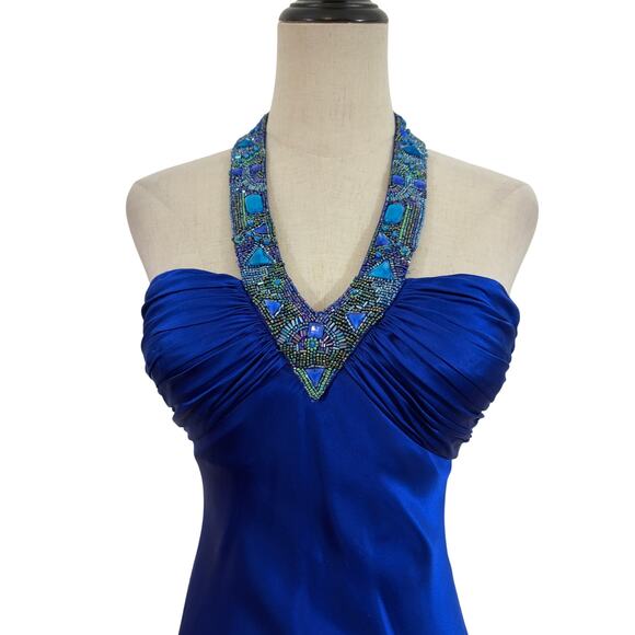 Y2K cache royal blue silk dress turquoise beaded halter gown sz 2 prom boho - Picture 2 of 13